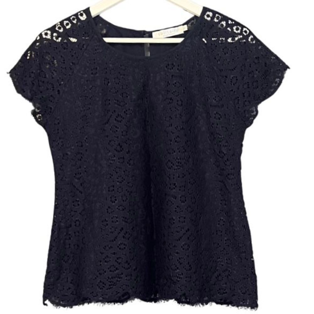 Solitaire Ravi Khosla Midnight Blue Cap Sleeve Top With Lace Overlay And Scallop